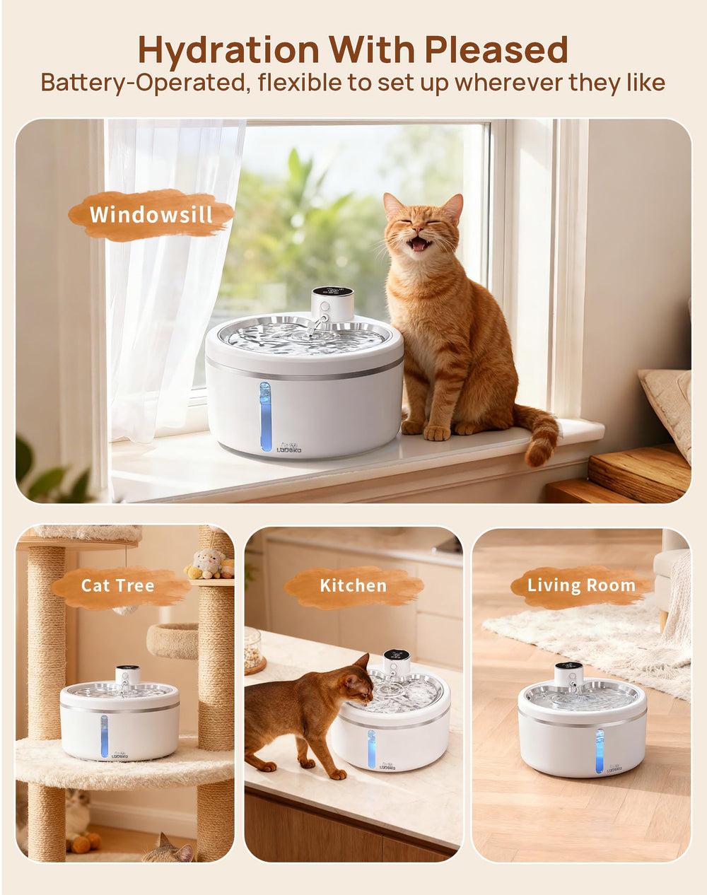 LABEKA 84oz capacity fountain suitable for multi-cat hydration.