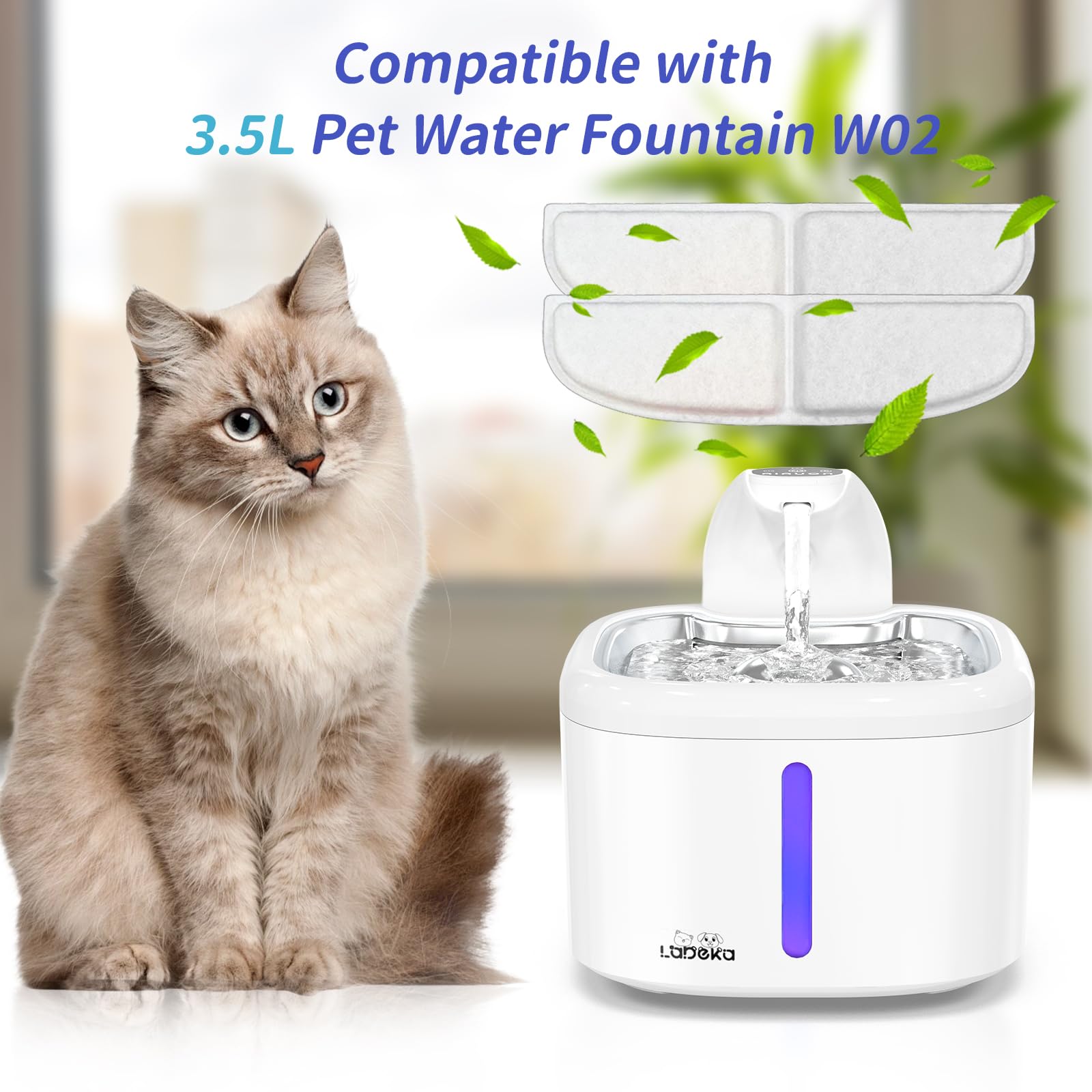 Labeka W02-compatible cat fountain filters installed for clean, appealing hydration.