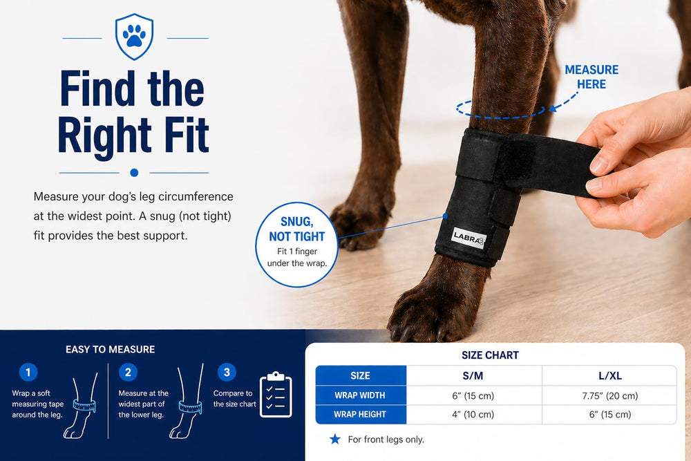 Labra compression wrap on a dog's leg delivering gentle stabilization.