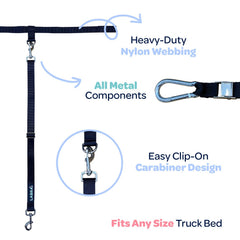 Labra truck bed leash system clip action demonstrates quick securement