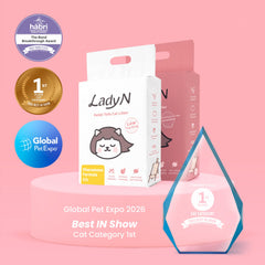 Lady N Cat Attract Tofu Litter shows pellet texture for easy use.