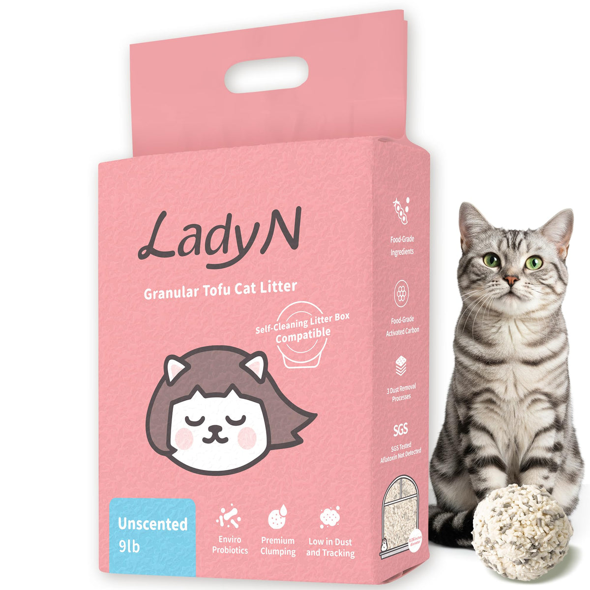 Lady N Granular Tofu Cat Litter image showing automatic box compatibility for smooth self-cleaning.