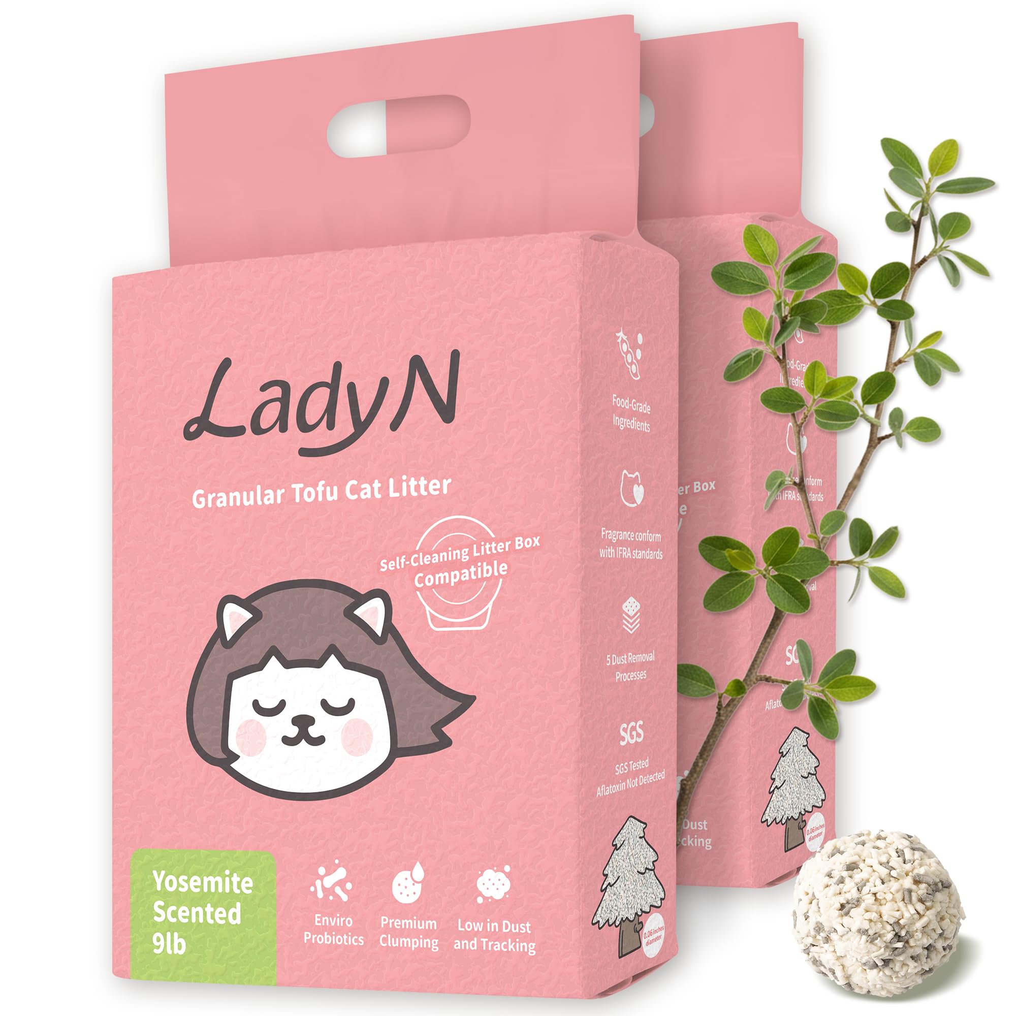 Lady N Granular Tofu Litter packaging highlights self-cleaning compatibility.