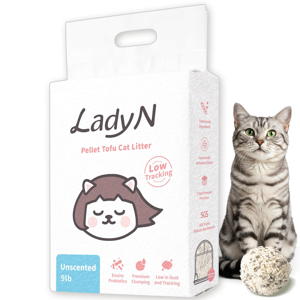 Lady N Pellet Tofu litter in pack front view shows compact packaging and hints at solid performance.