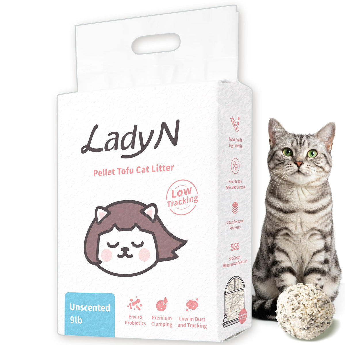 Lady N Pellet Tofu litter in pack front view shows compact packaging and hints at solid performance.