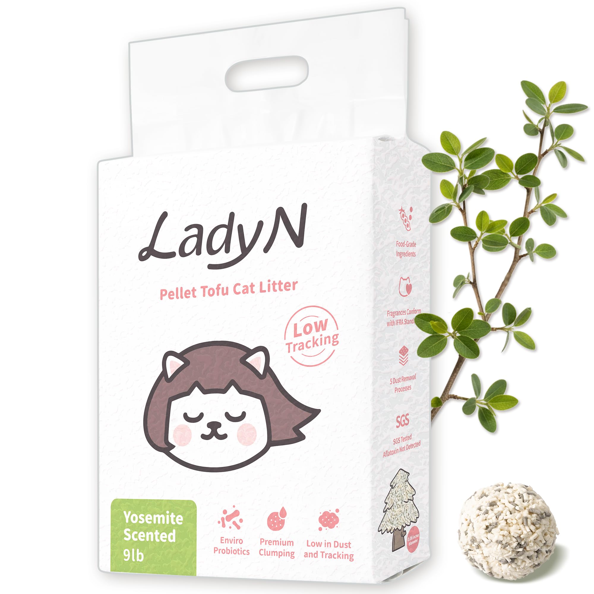 Lady N pellet tofu cat litter with Yosemite Woody scent for odor control.