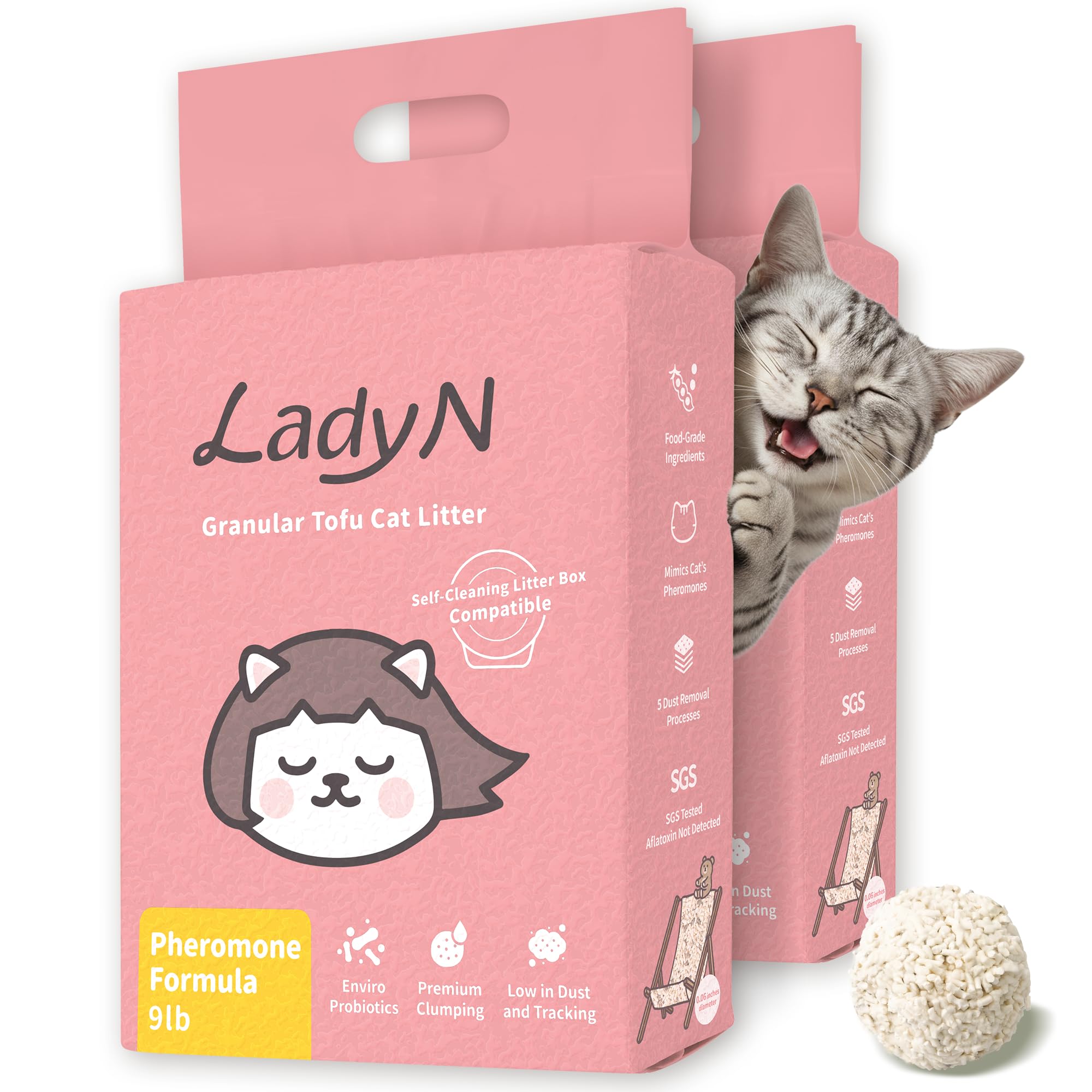 Lady N Cat Attract Tofu Litter packaging shown with an 18 lb bag for easy storage and use.