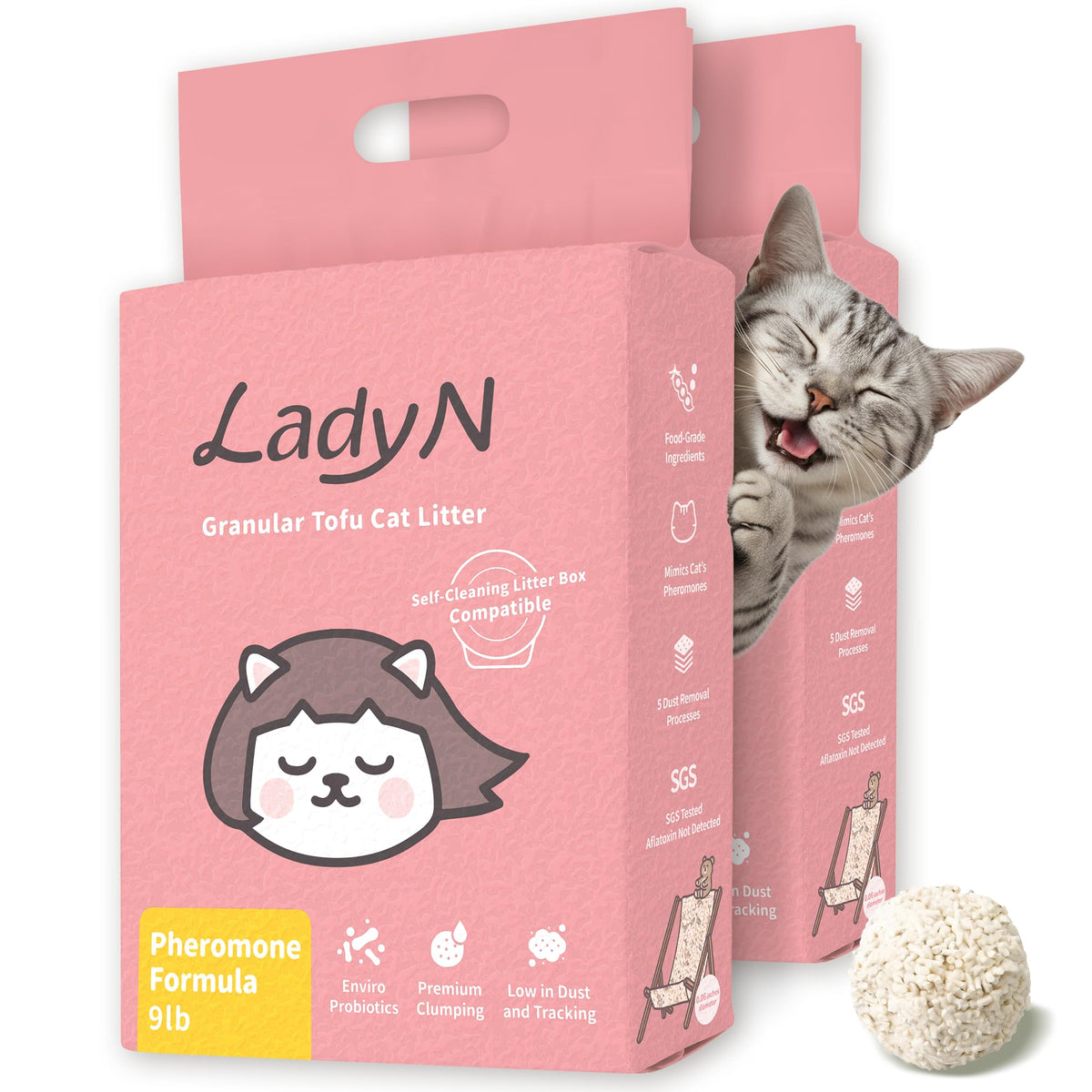 Lady N Cat Attract Tofu Litter packaging shown with an 18 lb bag for easy storage and use.