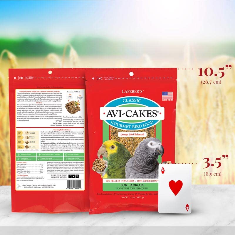 LAFEBER'S Avi-Cakes human-grade badge signals premium nutrition and care.