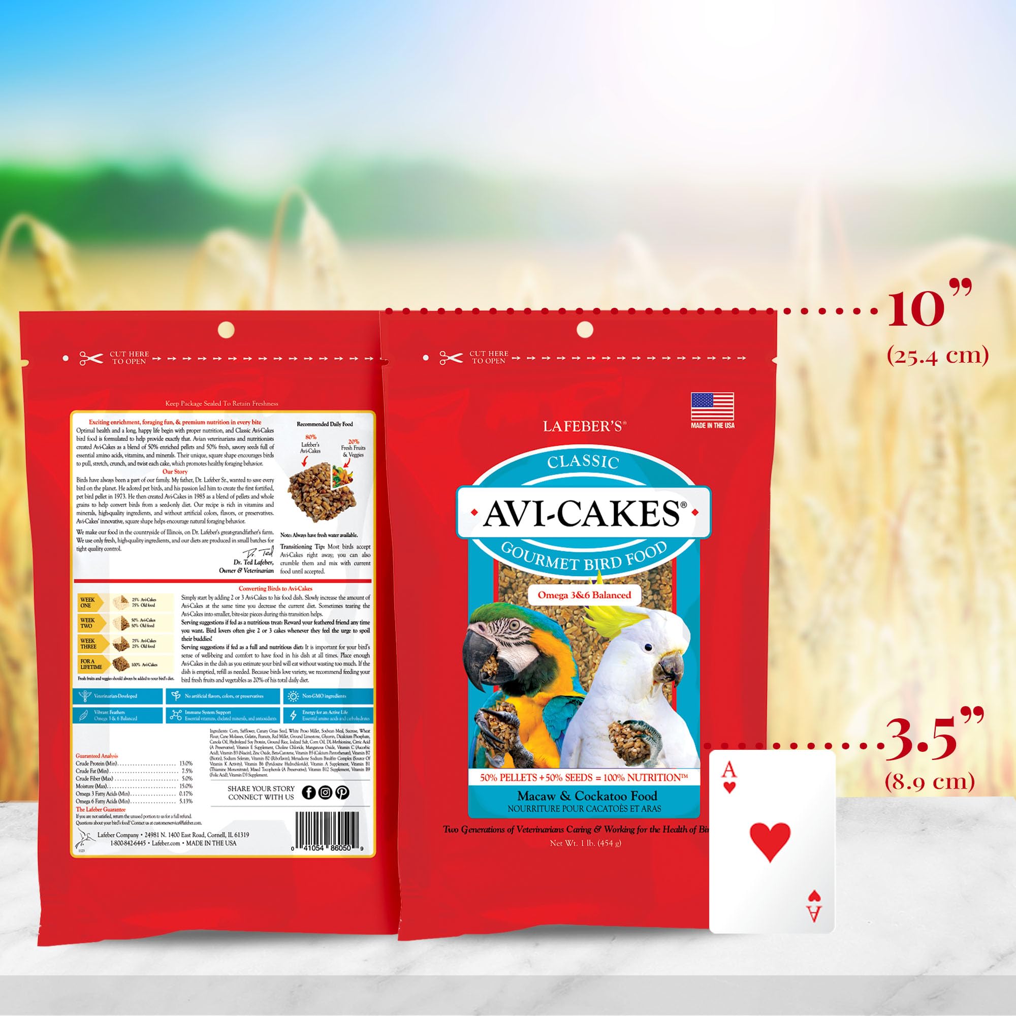 Non-GMO, human-grade quality parrot treats in Avi-Cakes blend for discerning birds.