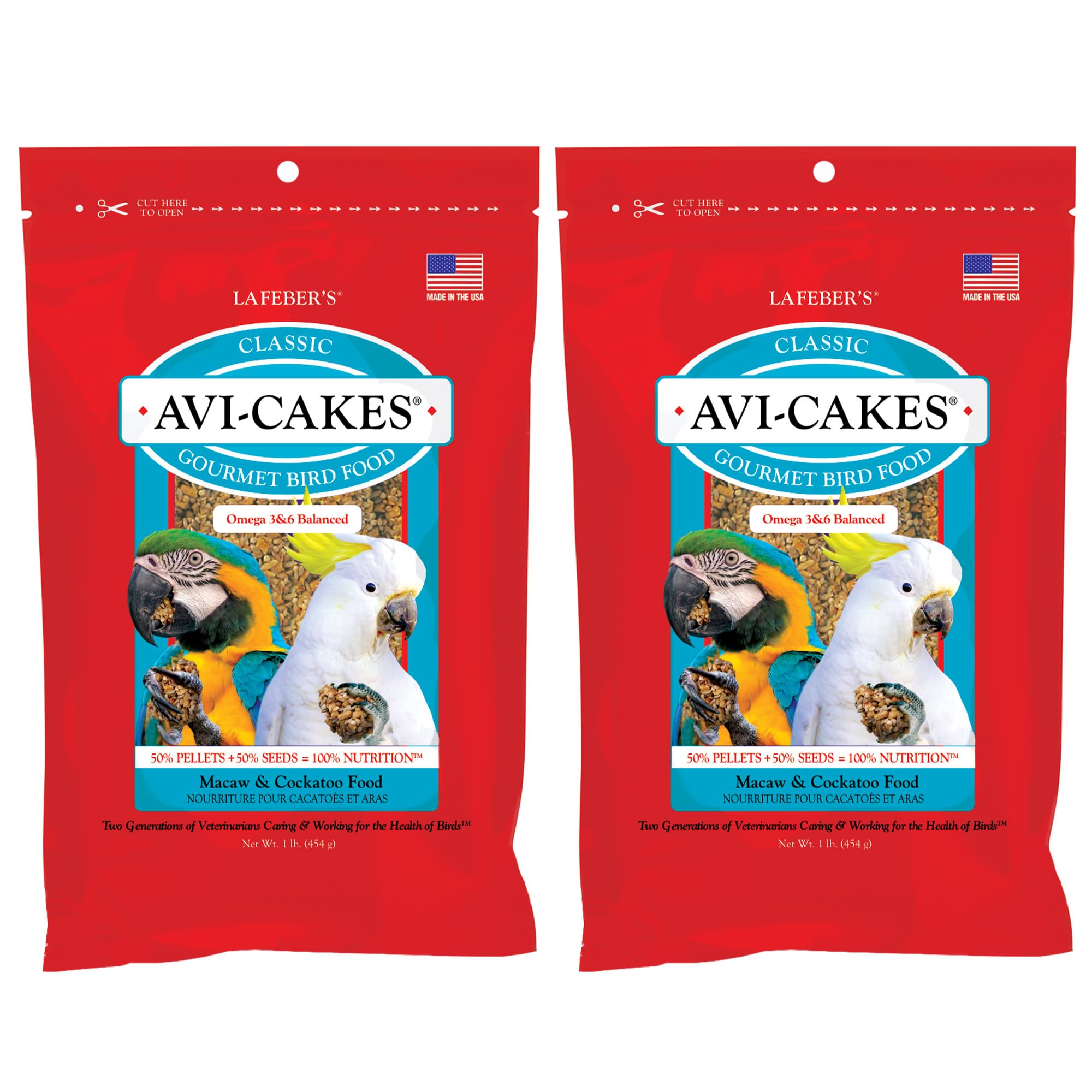 LAFEBER'S Avi-Cakes packaging close-up; two 1 lb packs for macaws' daily enrichment.