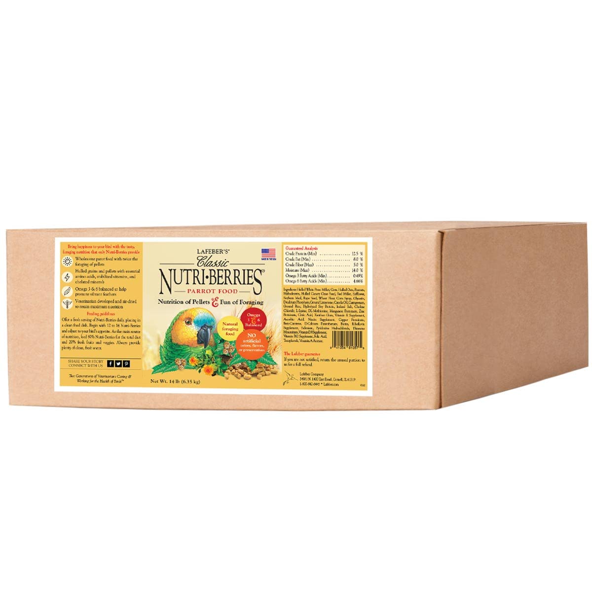LAFEBER'S Nutri-Berries packaging highlights non-GMO ingredients for parrots.