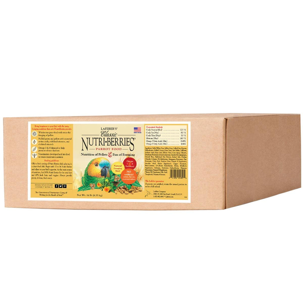LAFEBER'S Nutri-Berries packaging highlights non-GMO ingredients for parrots.