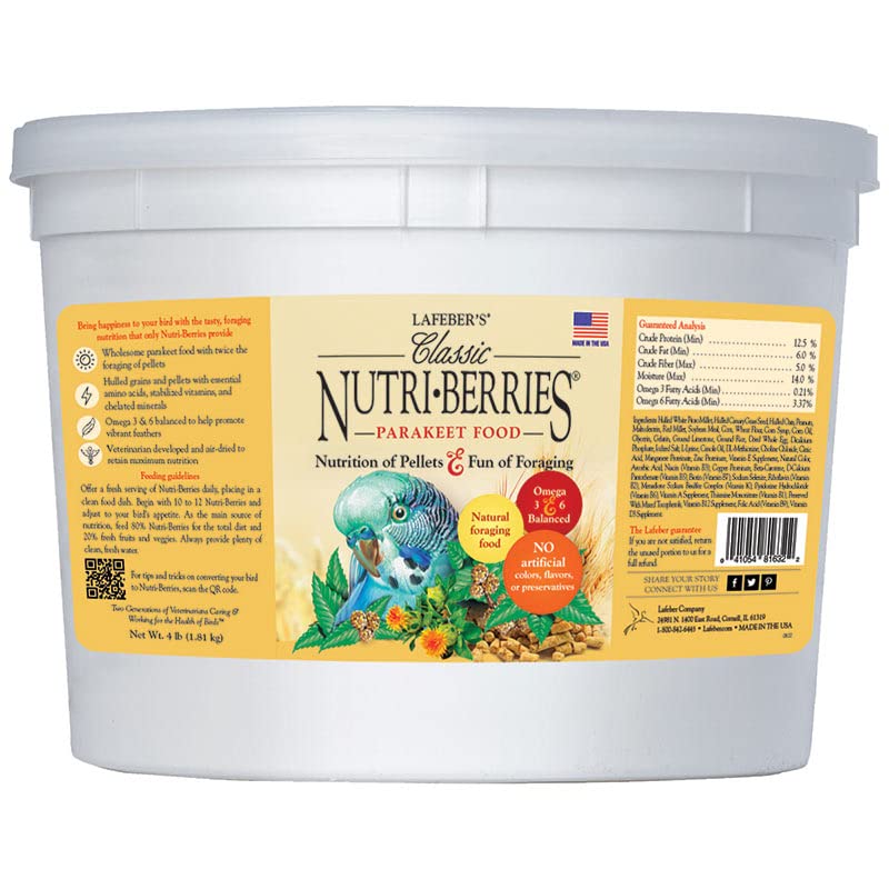 LAFEBER'S Nutri-Berries packaging highlights non-GMO ingredients for parakeets.