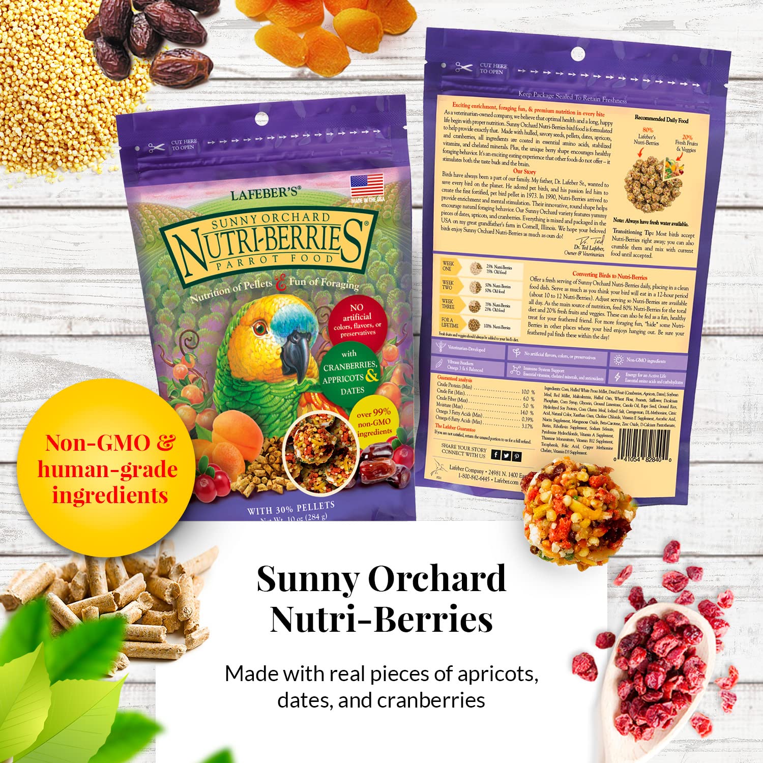 LAFEBER'S Nutri-Berries Sunny Orchard contains cranberries, apricots, and dates for balanced snacking
