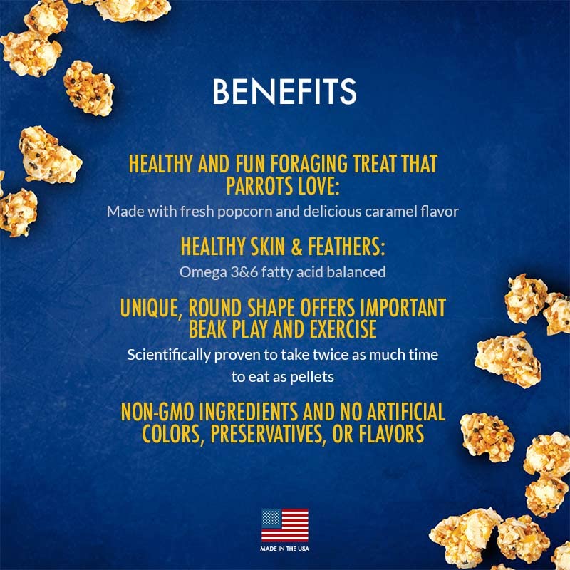 LAFEBER'S Popcorn Nutri-Berries for parrots – non-GMO ingredients for healthy treats.