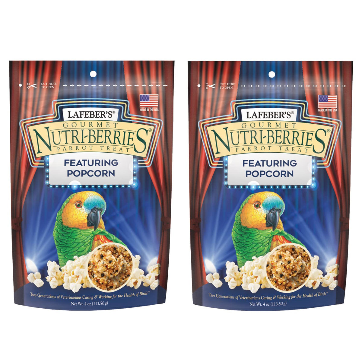 LAFEBER'S Popcorn Nutri-Berries for parrots in a 4 oz bag; tasty enrichment.