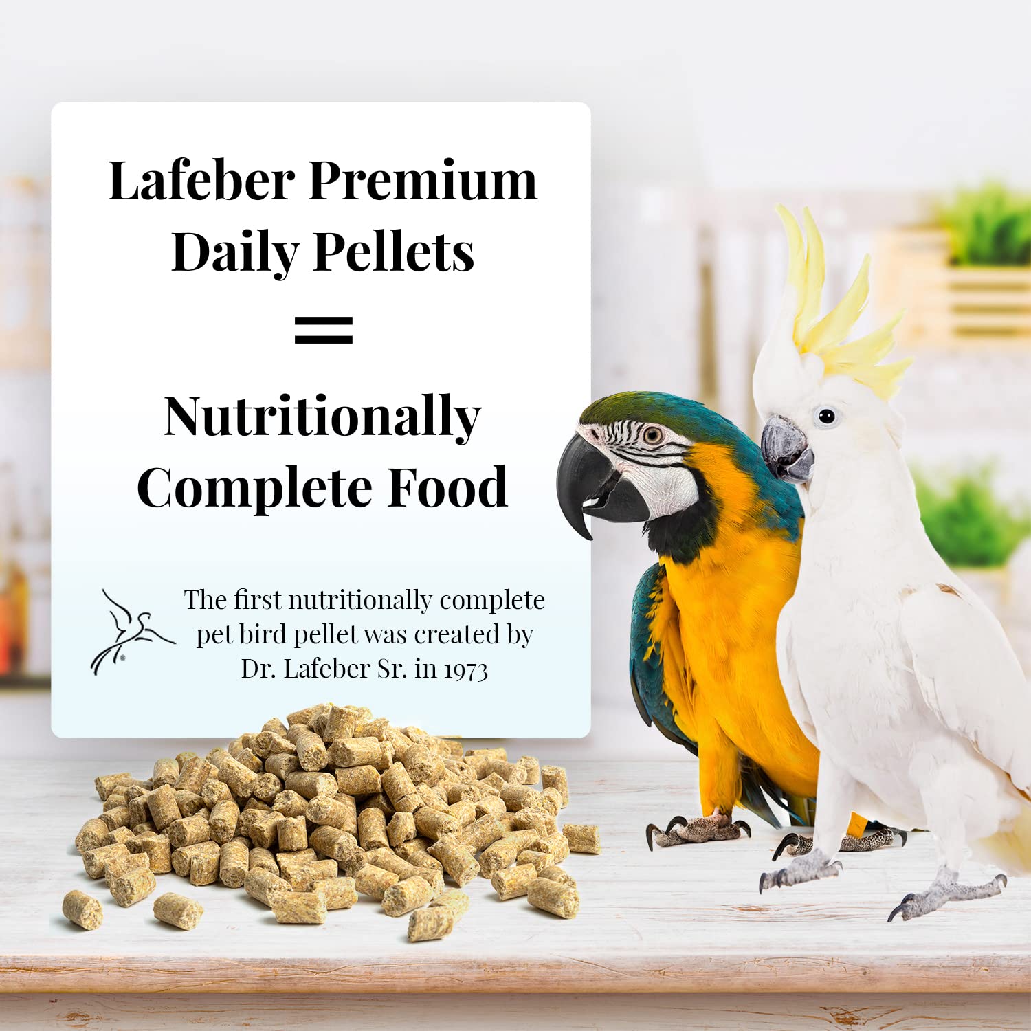 LAFEBER'S pellets closeup highlighting non-GMO, human-grade ingredients