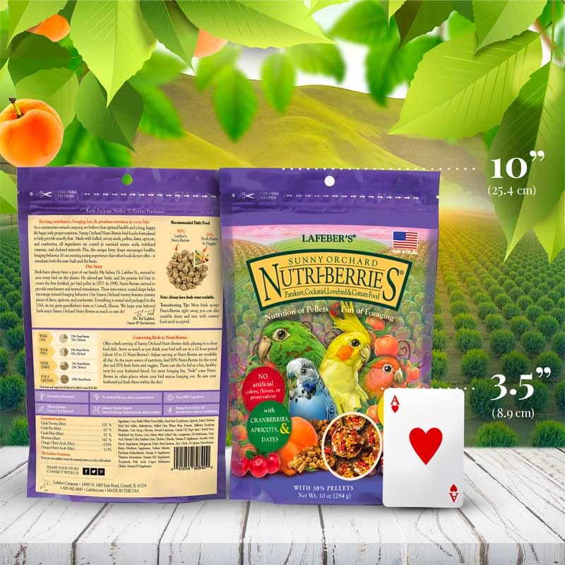 Bird enjoying a measured serving of LAFEBER'S Nutri-Berries for balanced daily nutrition.