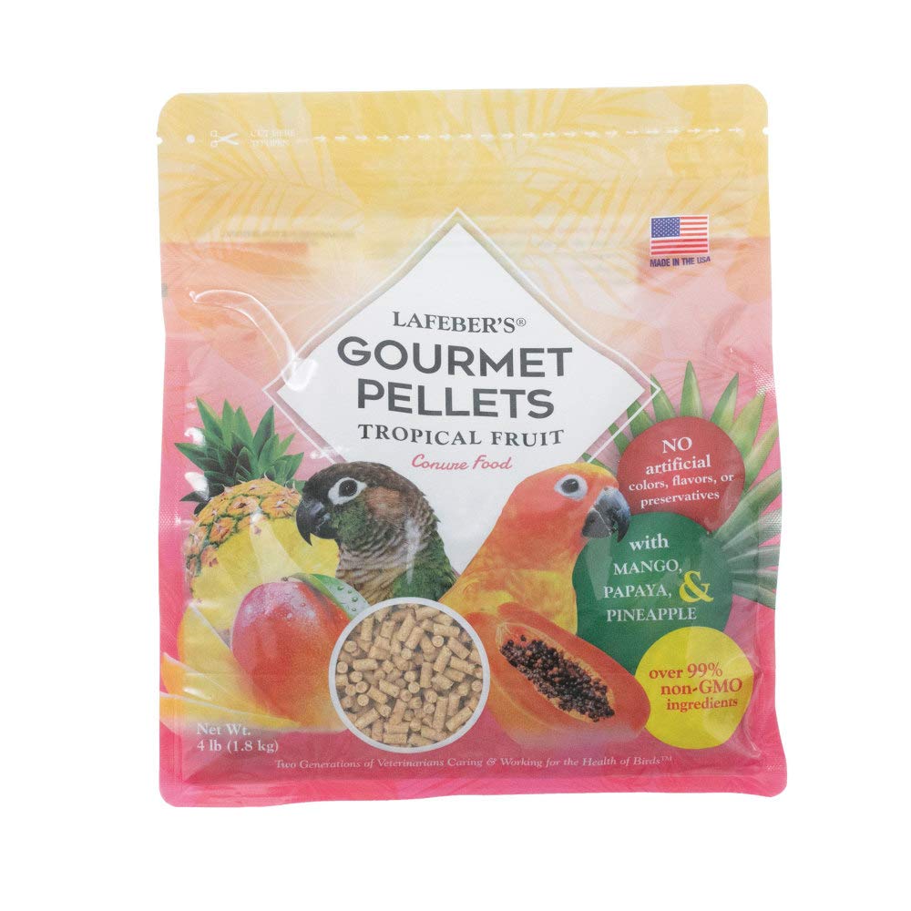 LAFEBER'S Tropical Fruit Pellets for conures; fruit pieces visible and no added sugar.