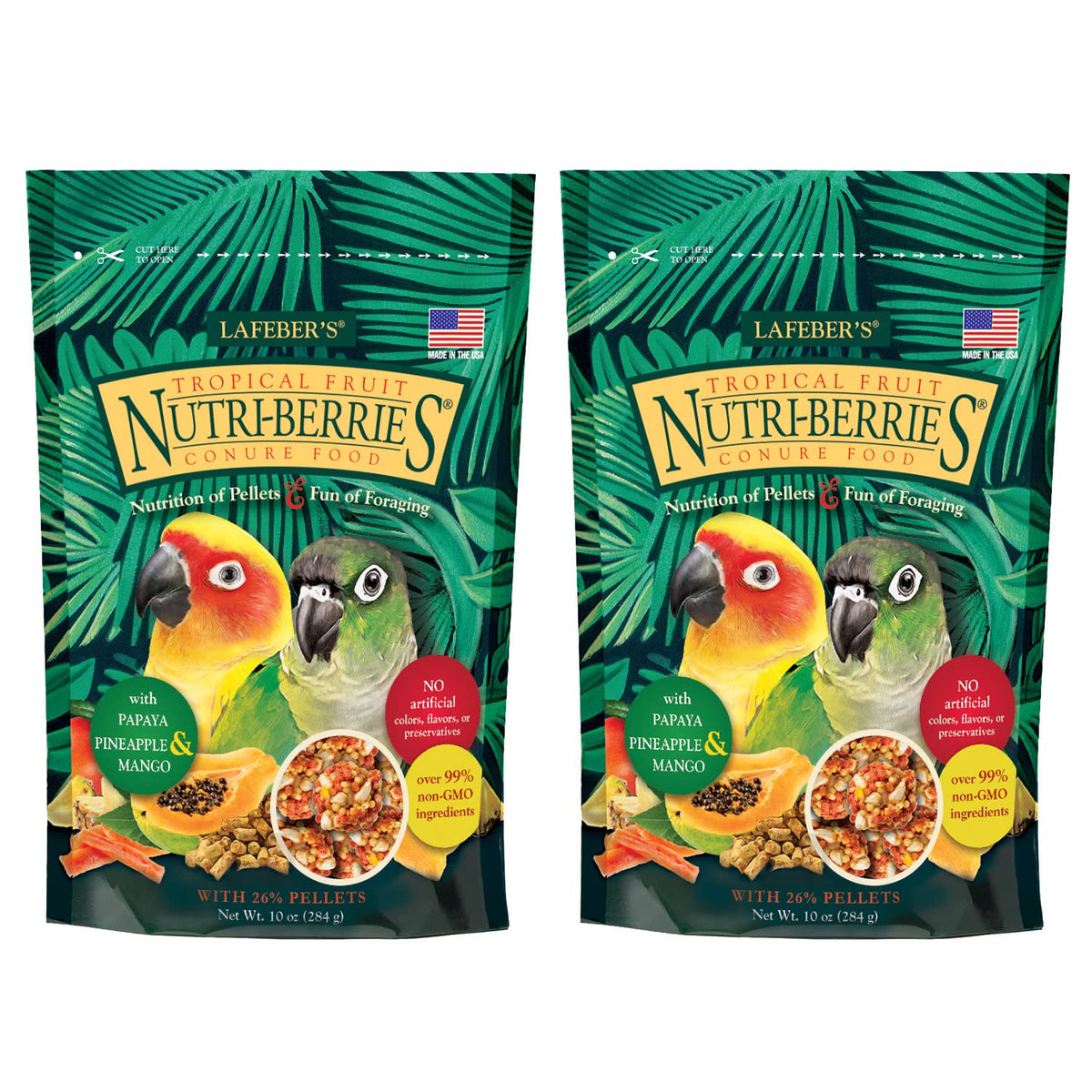 LAFEBER'S Tropical Fruit Nutri-Berries bag closeup showing real fruit pieces for birds' nutrition