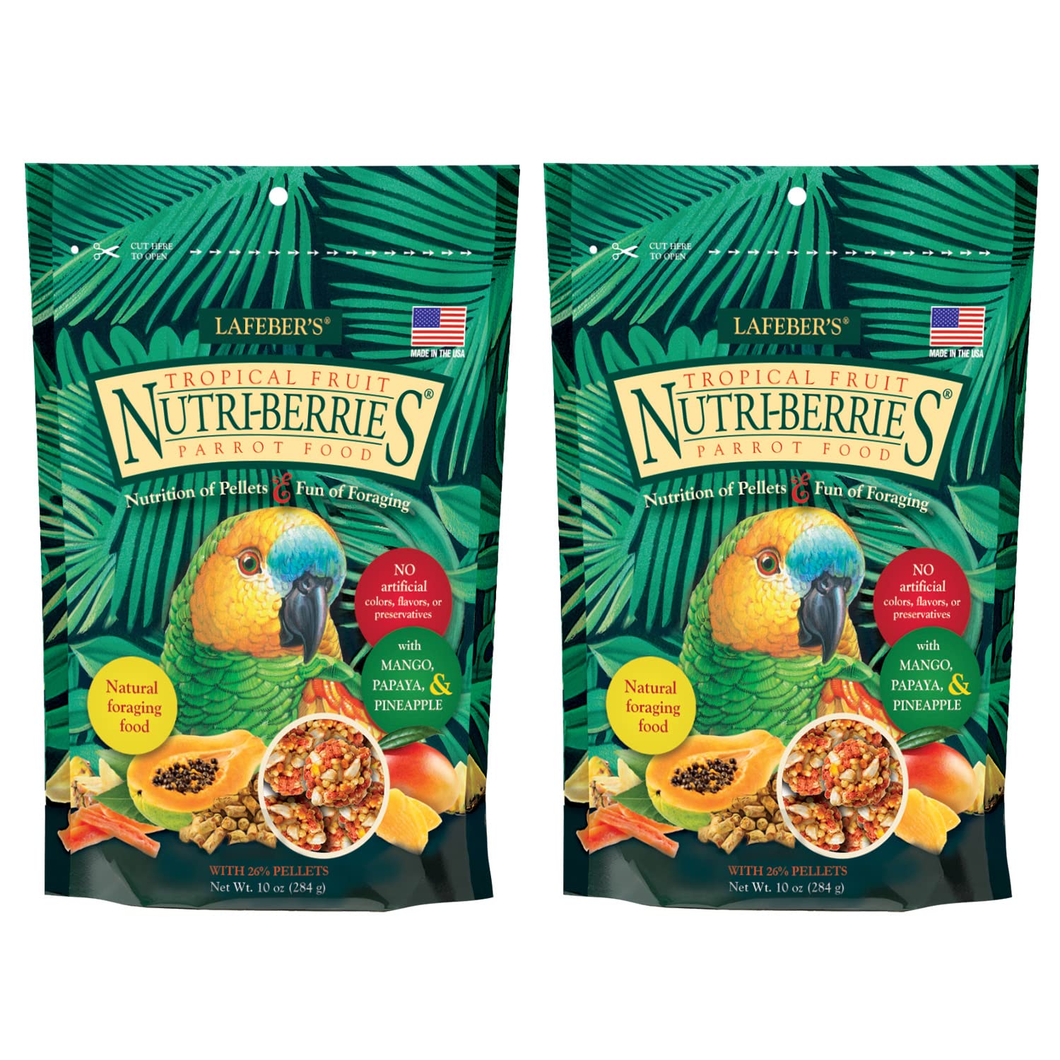 LAFEBER'S Tropical Fruit Nutri-Berries bag with colorful pieces for parrots' daily nutrition.