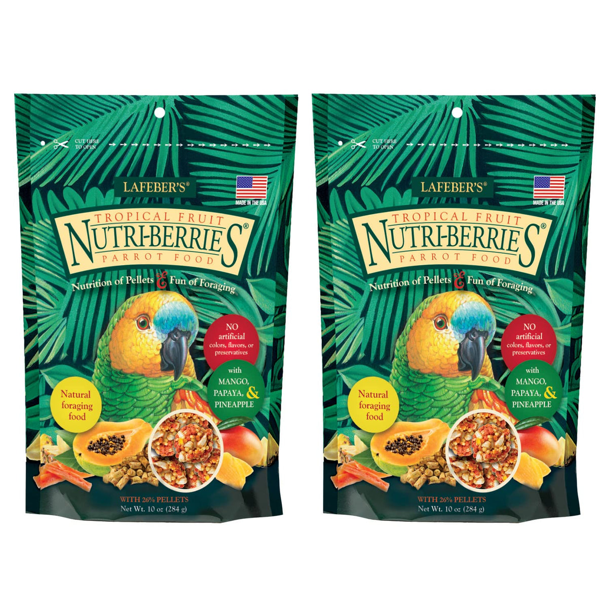 LAFEBER'S Tropical Fruit Nutri-Berries bag with colorful pieces for parrots' daily nutrition.
