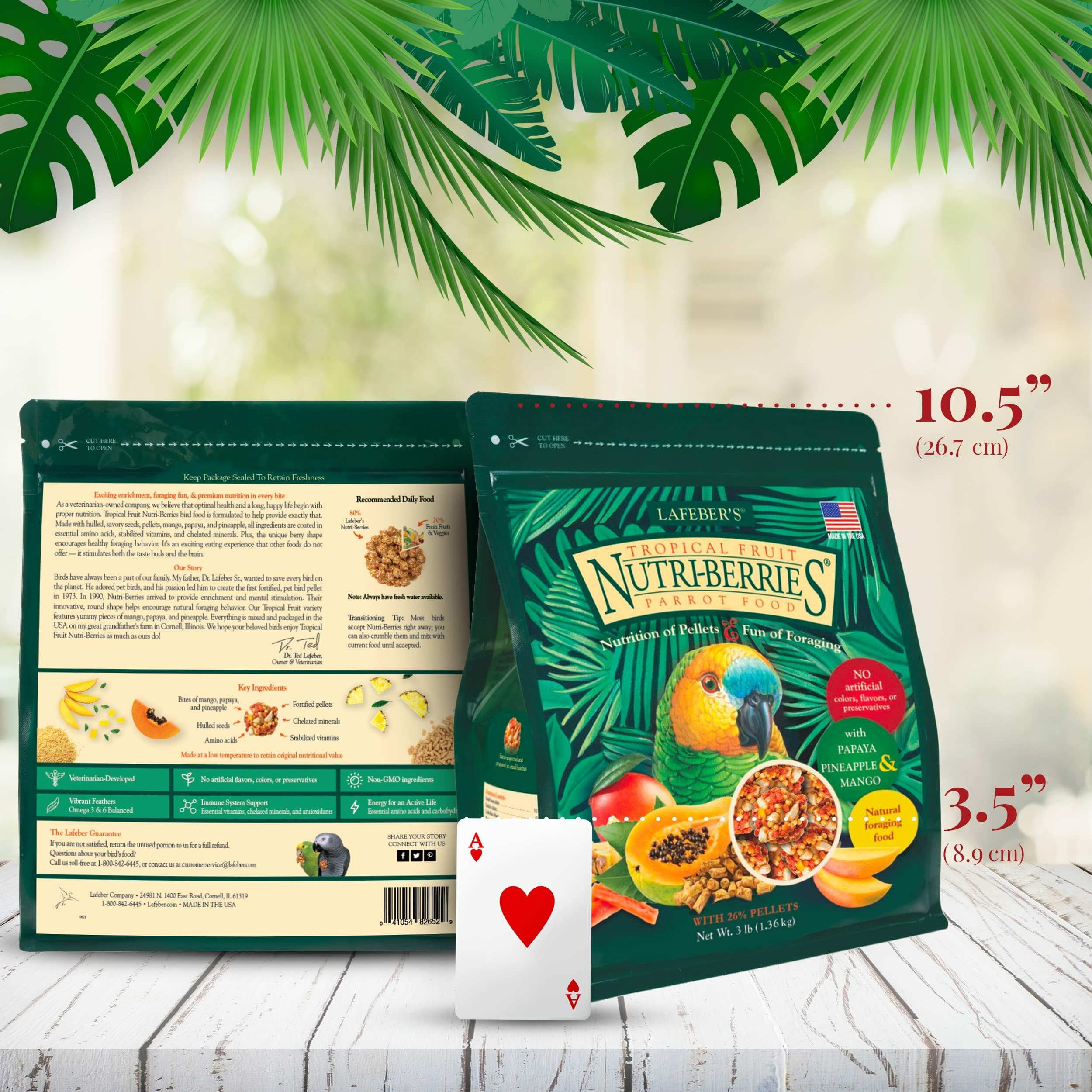 LAFEBER'S Tropical Fruit Nutri-Berries non-GMO-label confirms ingredient purity for parrots.