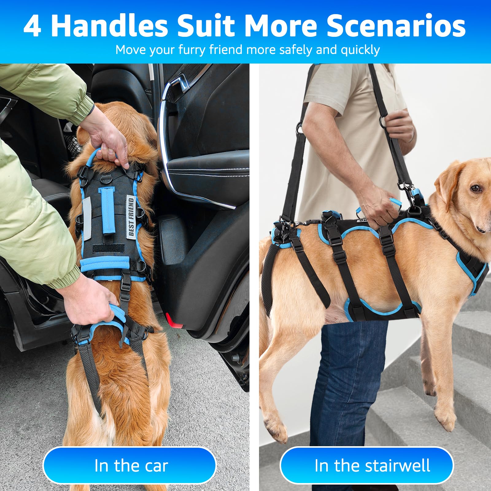 Lafoty dog lift harness showing four handles for versatile lifting options