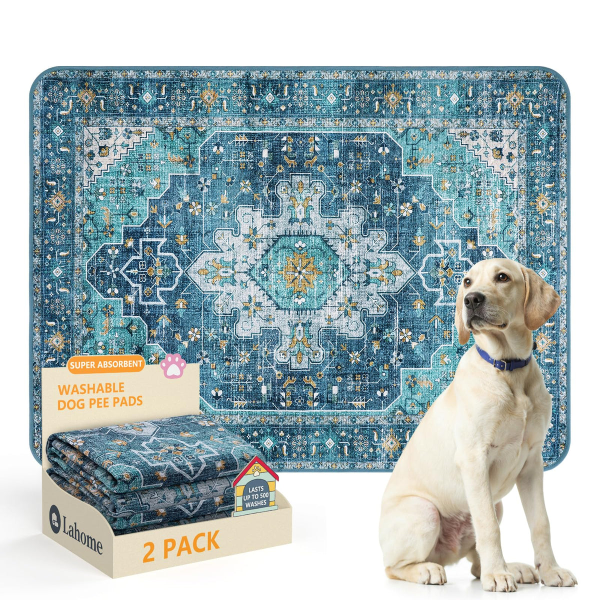 Lahome blue puppy pads two-pack laid flat for quick setup and protection.