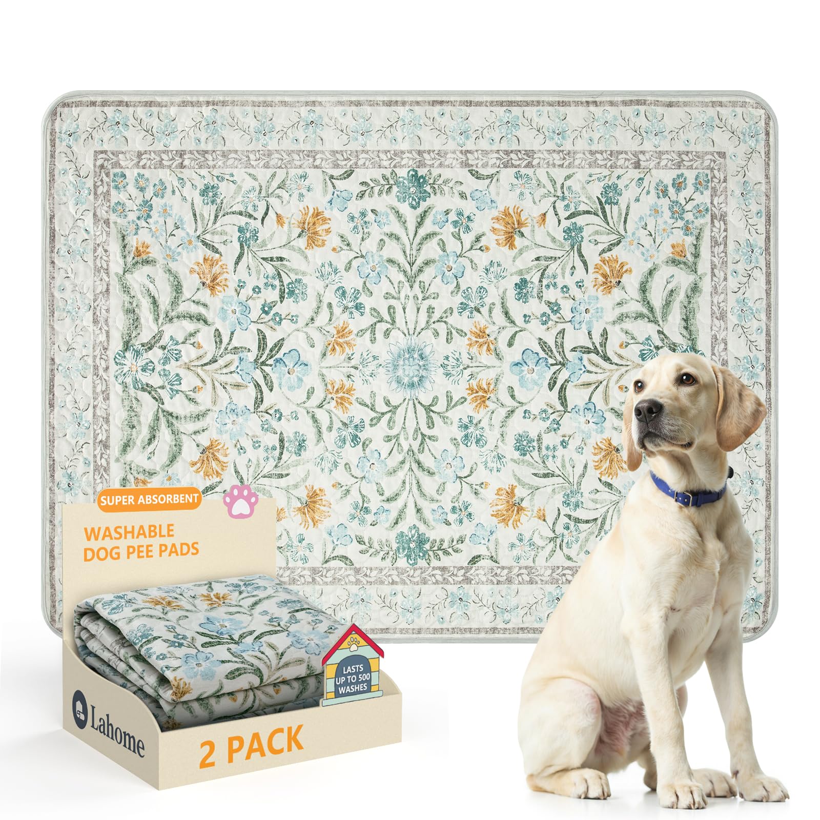Lahome washable dog pee pad in beige botanical floral pattern for floor protection and crate training.