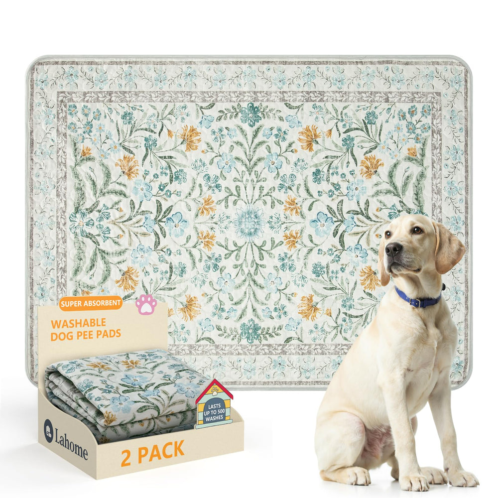 Lahome washable dog pee pad in beige botanical floral pattern for floor protection and crate training.