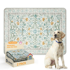 Lahome washable dog pee pad in beige botanical floral pattern for floor protection and crate training.