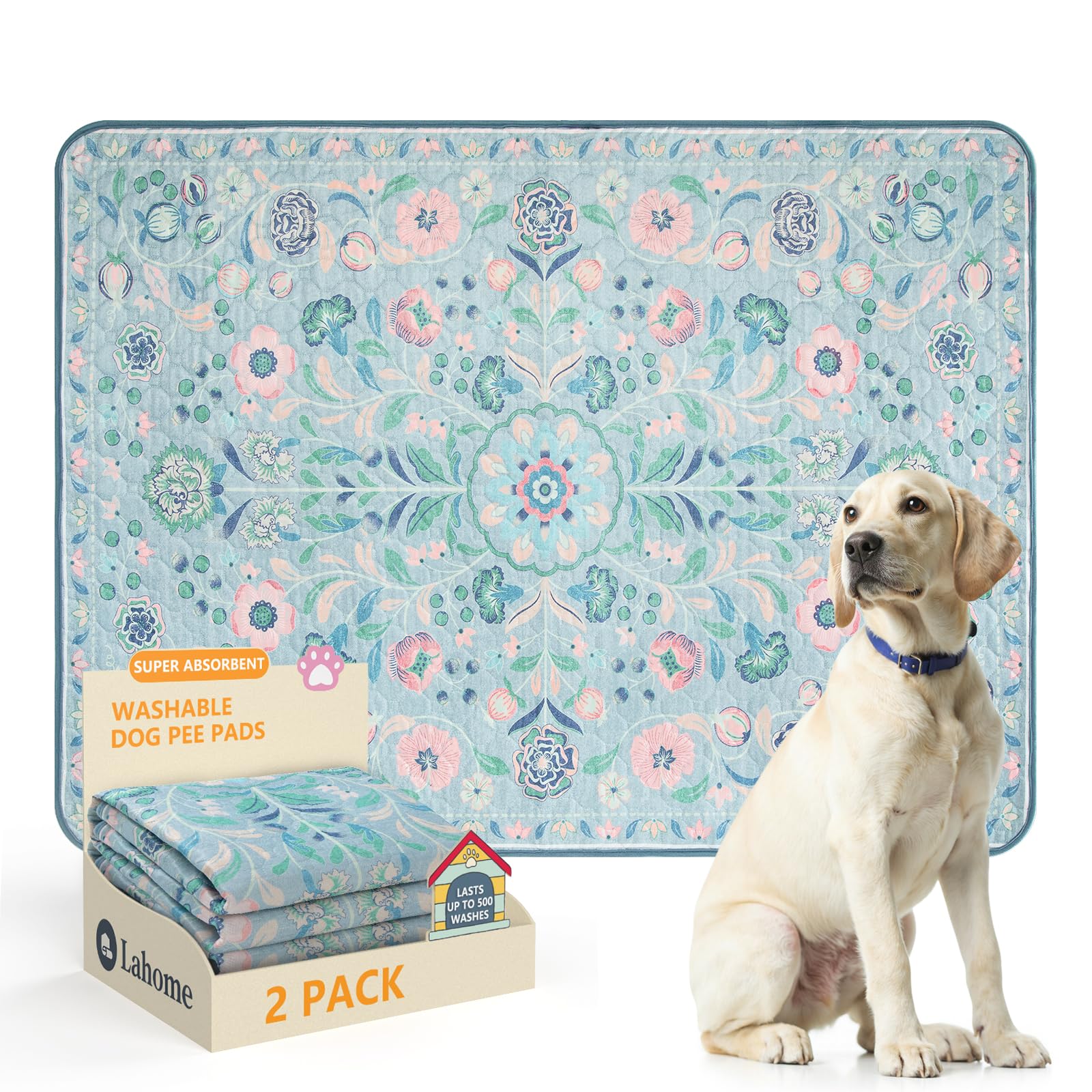 Lahome blue botanical floral 2-pack pad ideal for crate training and floor protection