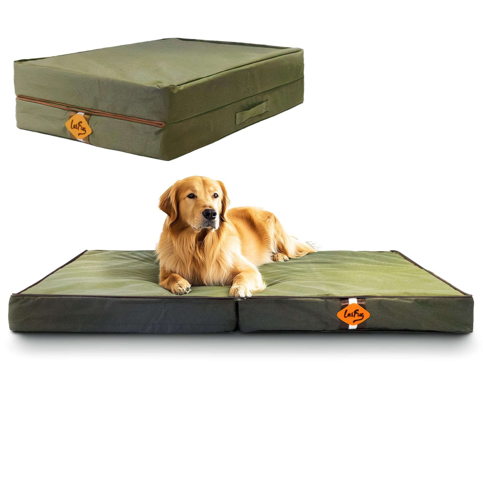 Laifug foldable waterproof dog bed in army green ready for travel and outdoor use.