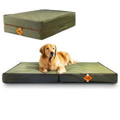 Laifug foldable waterproof dog bed in army green ready for travel and outdoor use.