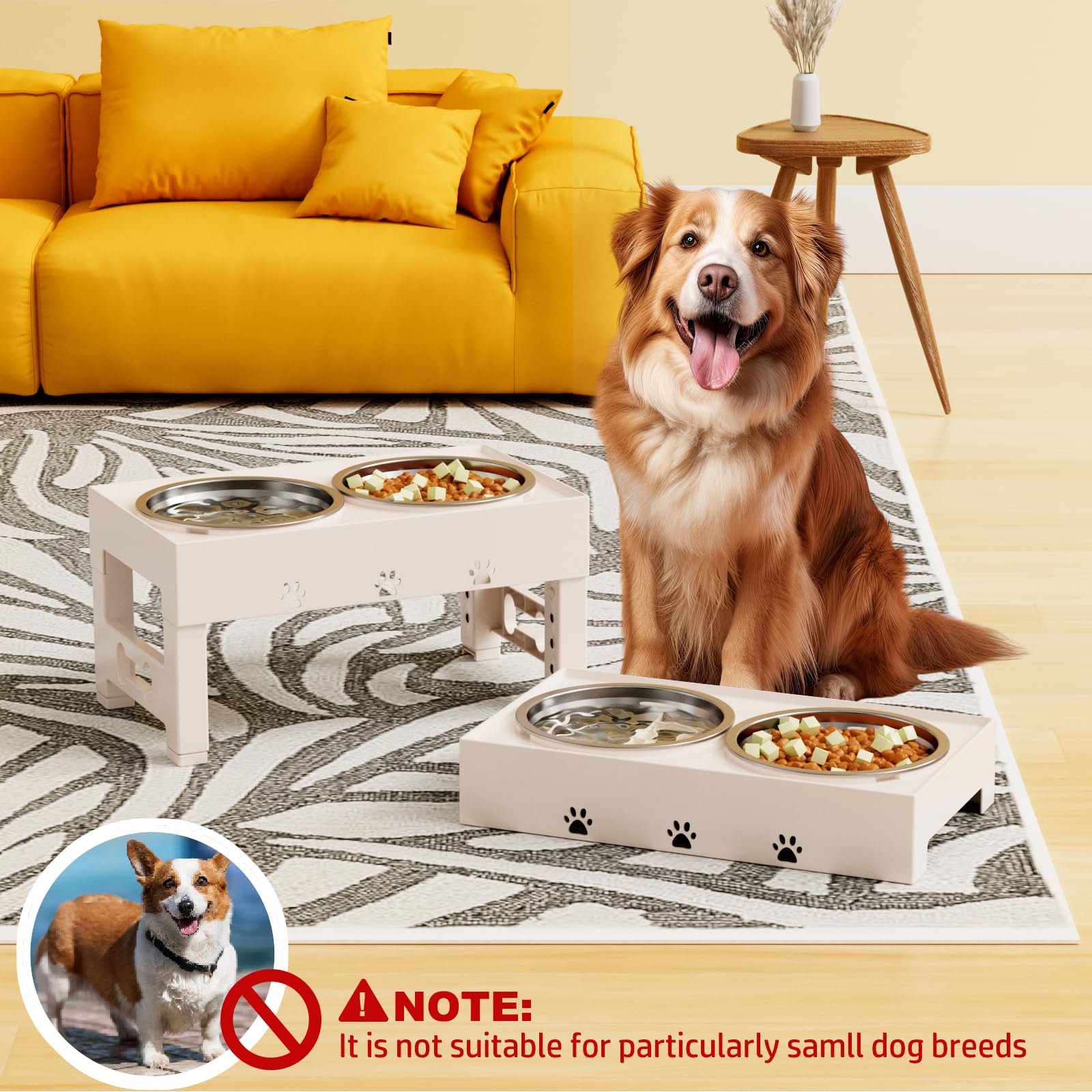 LAKIPETN height-adjustable dog feeder showing five height options
