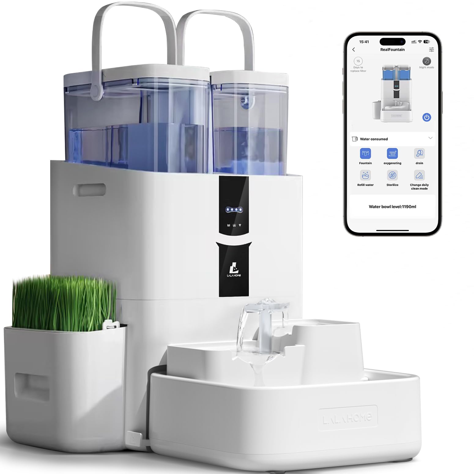 LALAHOME automatic fountain hero image highlighting its 10L capacity for multiple pets.