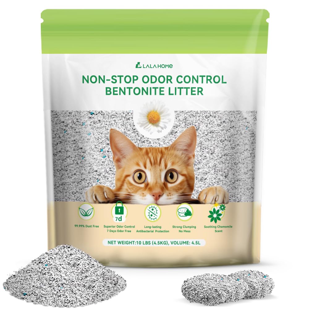LALAHOME Bentonite litter odor control: easy pour and long-lasting freshness.
