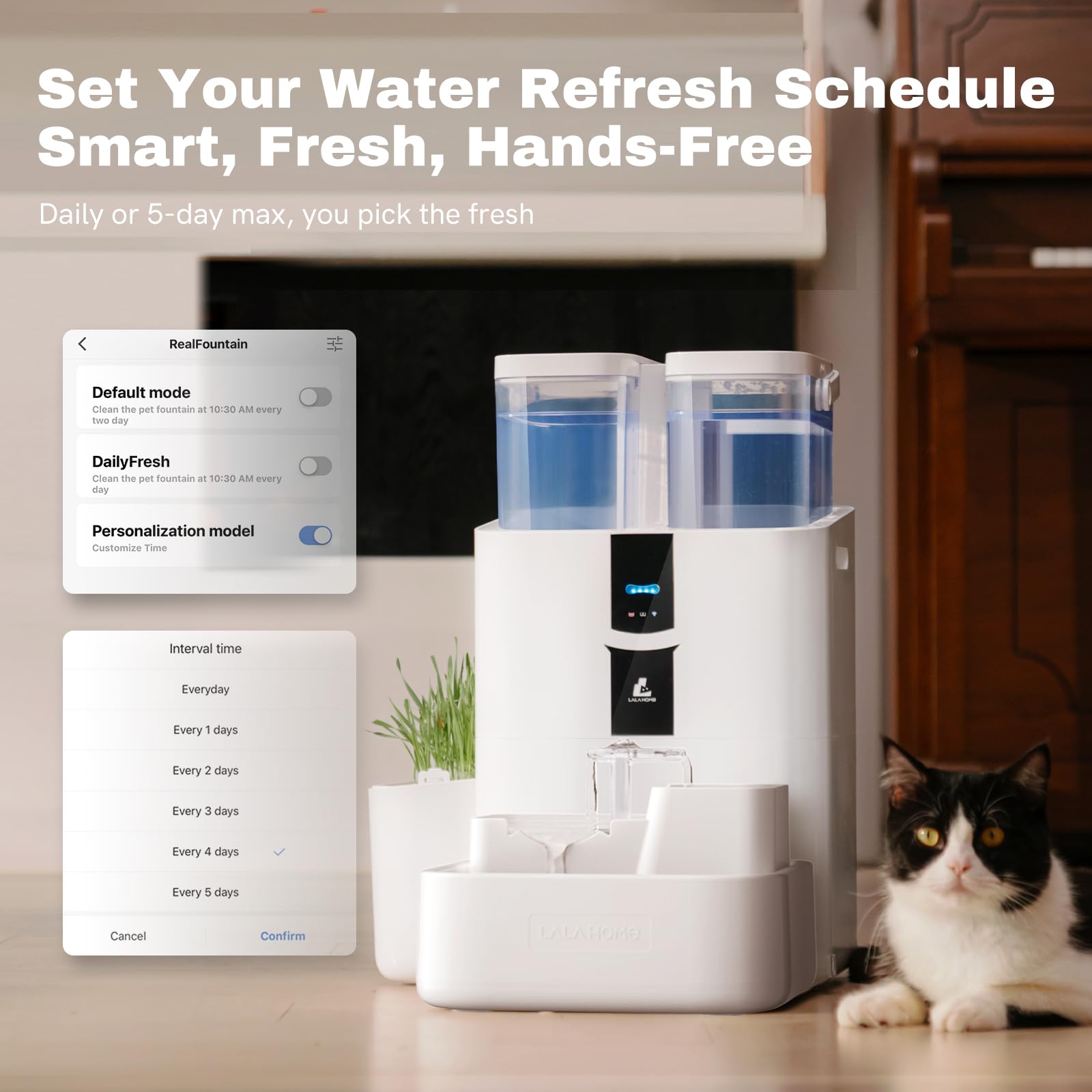 LALAHOME fountain connected via WiFi with app control and hydration alerts.