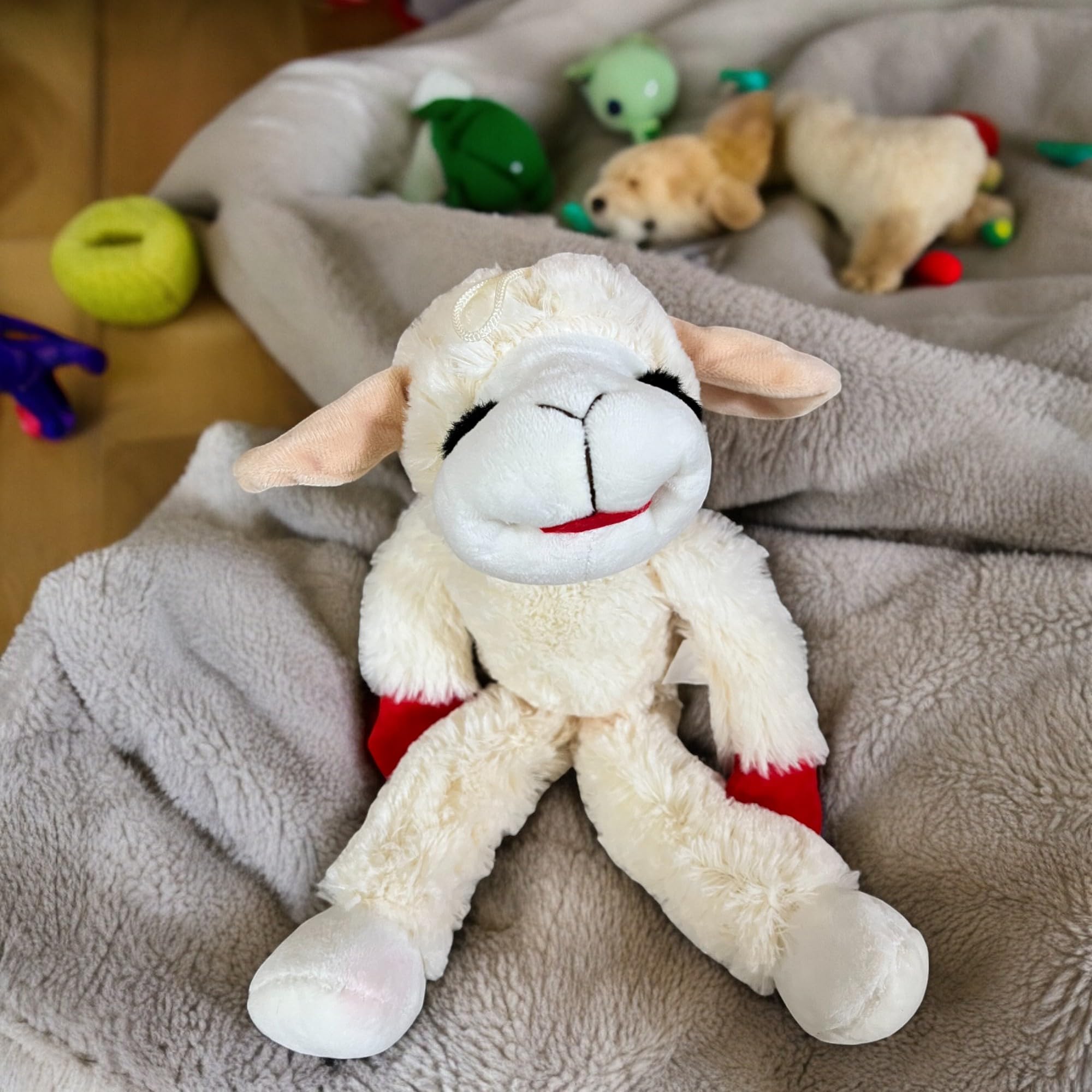 Lamb Chop 14-inch toy with reinforced stitching for durability.