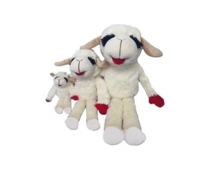 Lamb Chop dog toy close-up showcasing soft fabric and sturdy squeaker for fun.