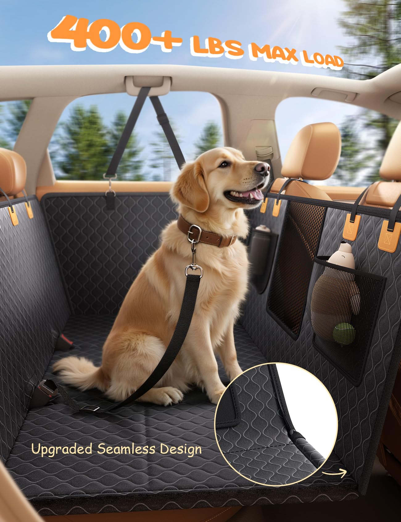 Lamicall dog seat cover car setup fits SUVs and small trucks.