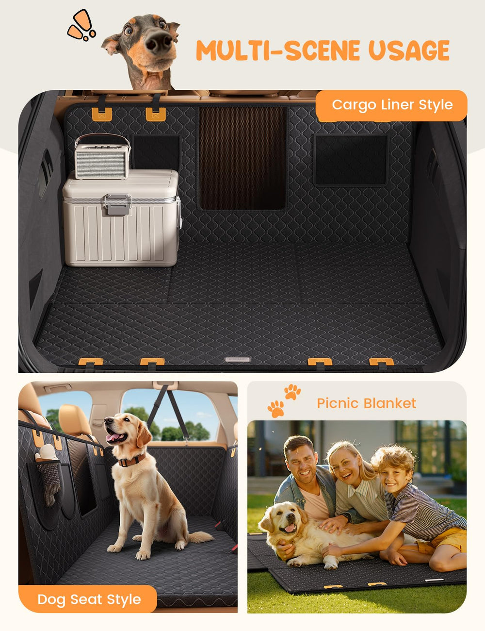 Lamicall dog seat cover storage pockets hold toys and treats.