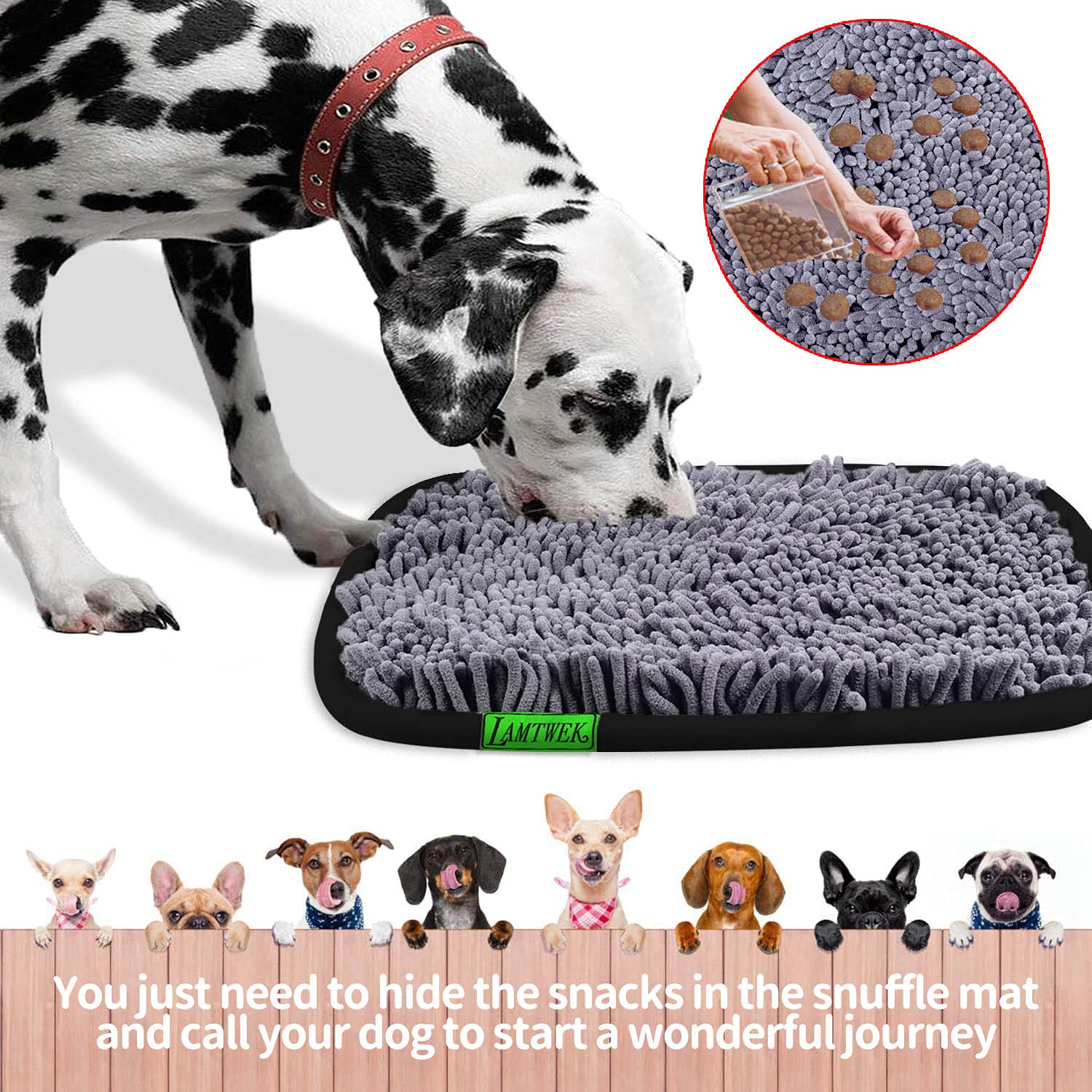 LAMTWEK snuffle mat closeup with hidden snacks encourages natural foraging behavior.