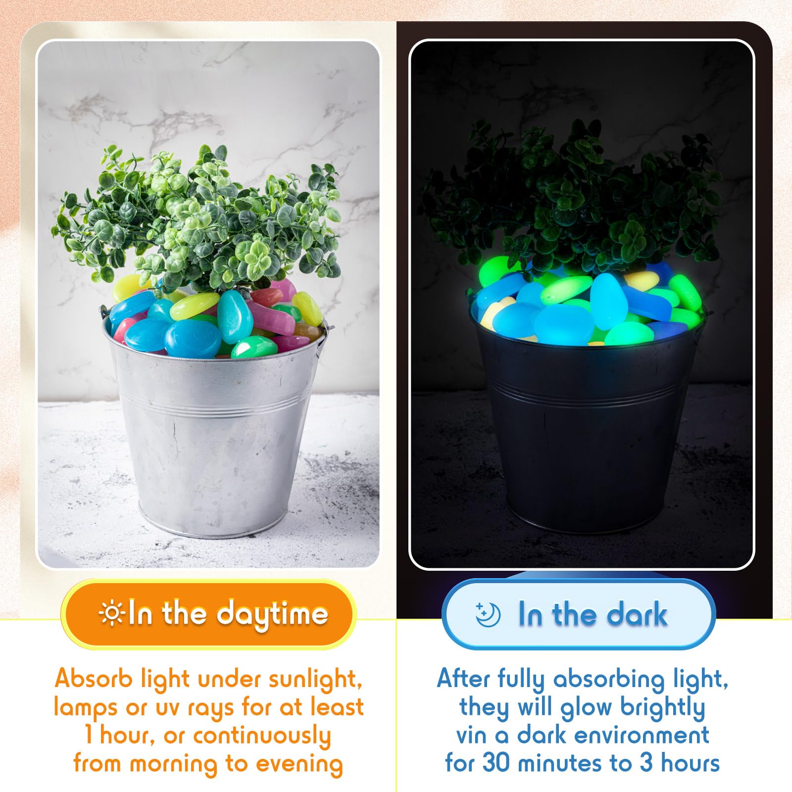 Landical glow rocks add color to succulent planters after sundown.