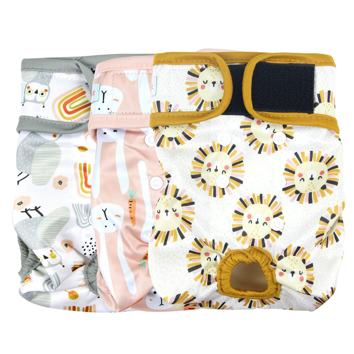 Langsprit 3-pack dog diapers packaging shows versatile sizing for small to large dogs.