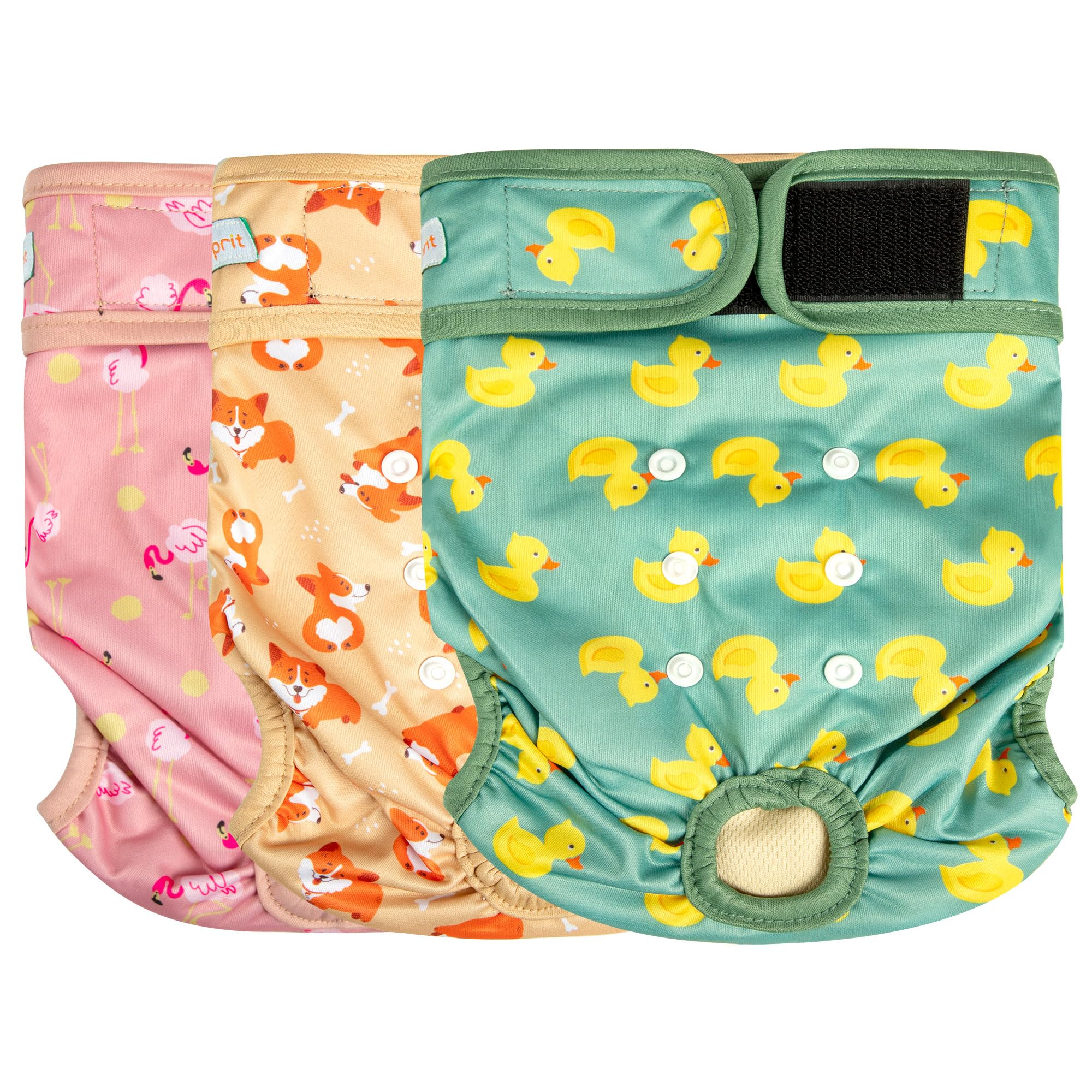 Langsprit washable female dog diapers with flamingo-duck print for comfortable secure fit.