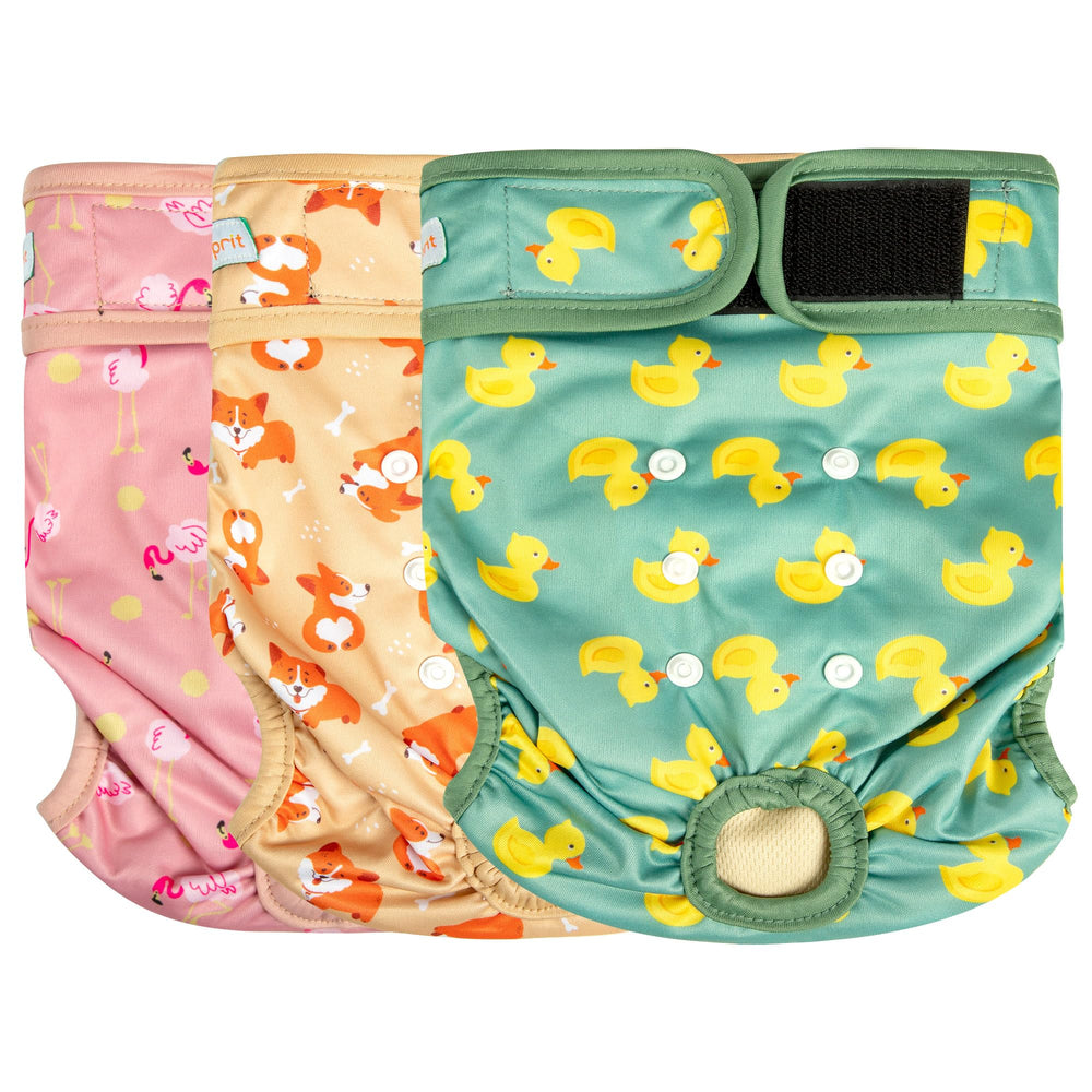 Langsprit washable female dog diapers with flamingo-duck print for comfortable secure fit.