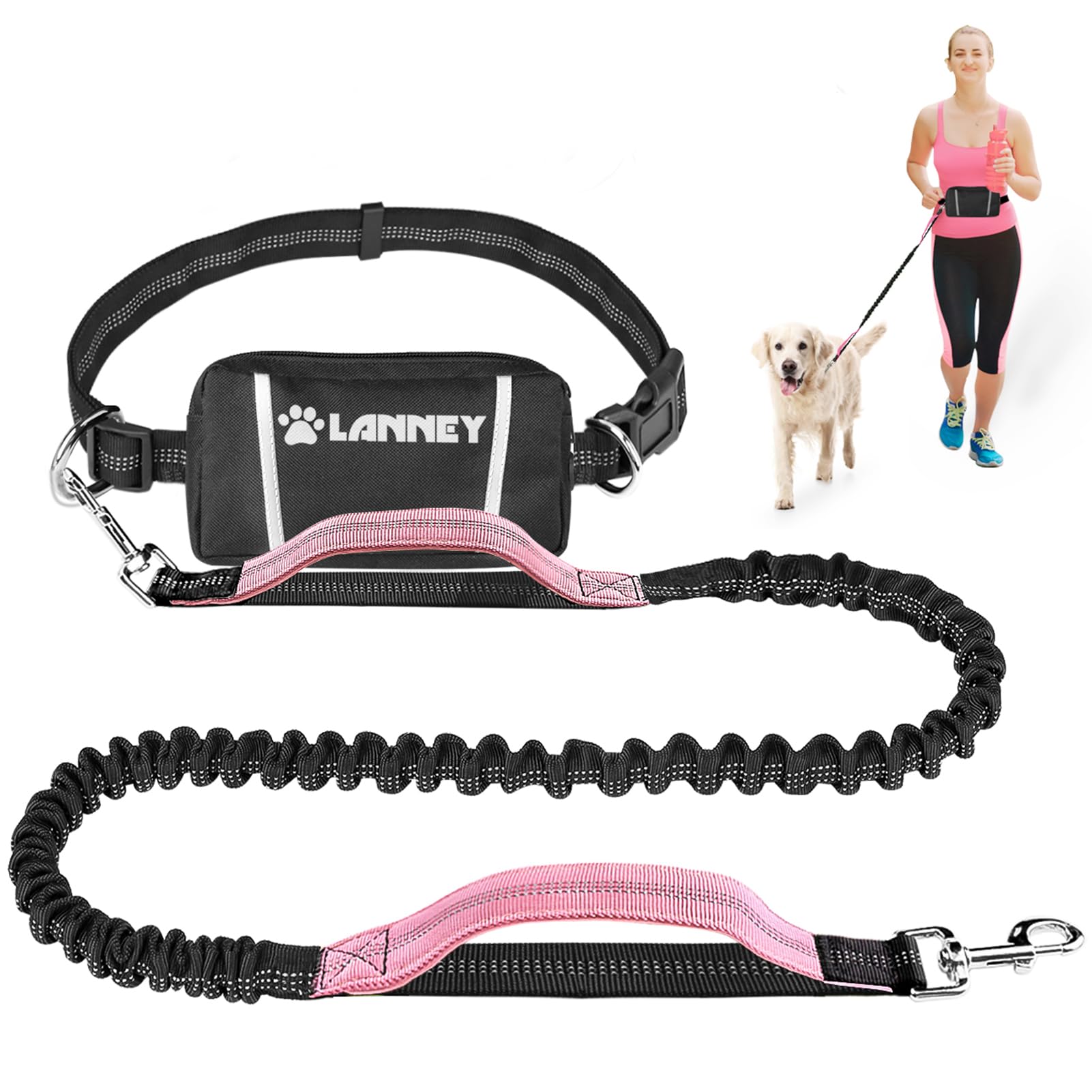 LANNEY hands-free dog leash pink belt enables hands-free jogging with safer control